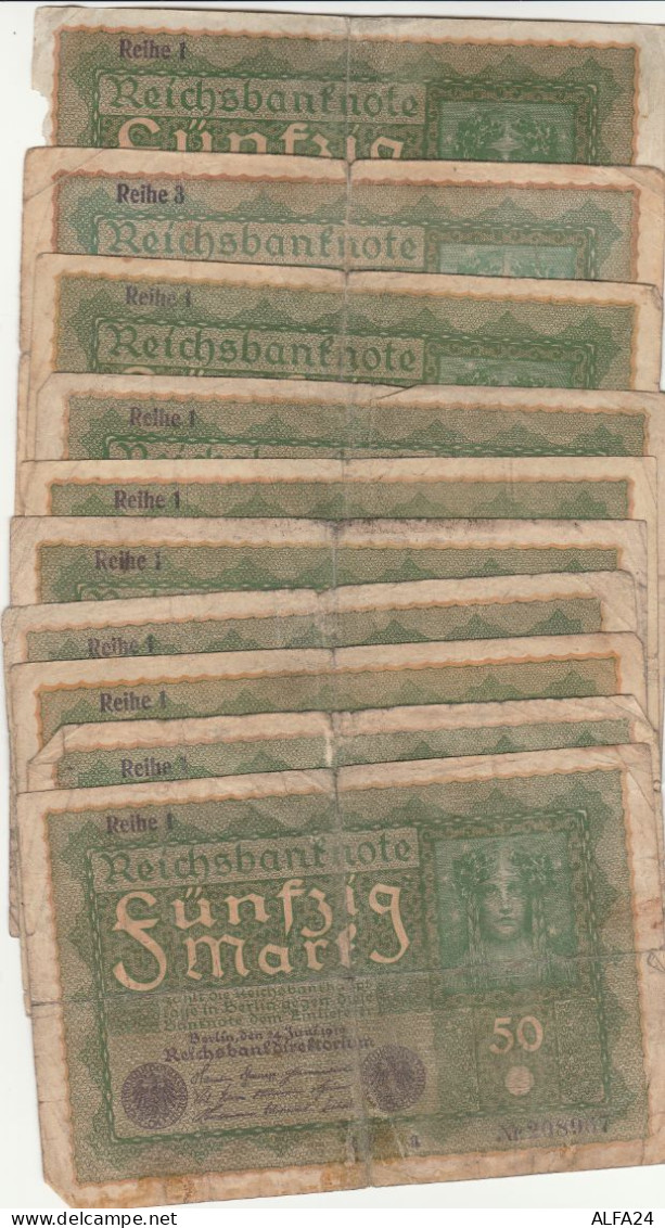 10 BANCONOTE GERMANIA 50 1919 F/VF (RY7005 - 50 Mark