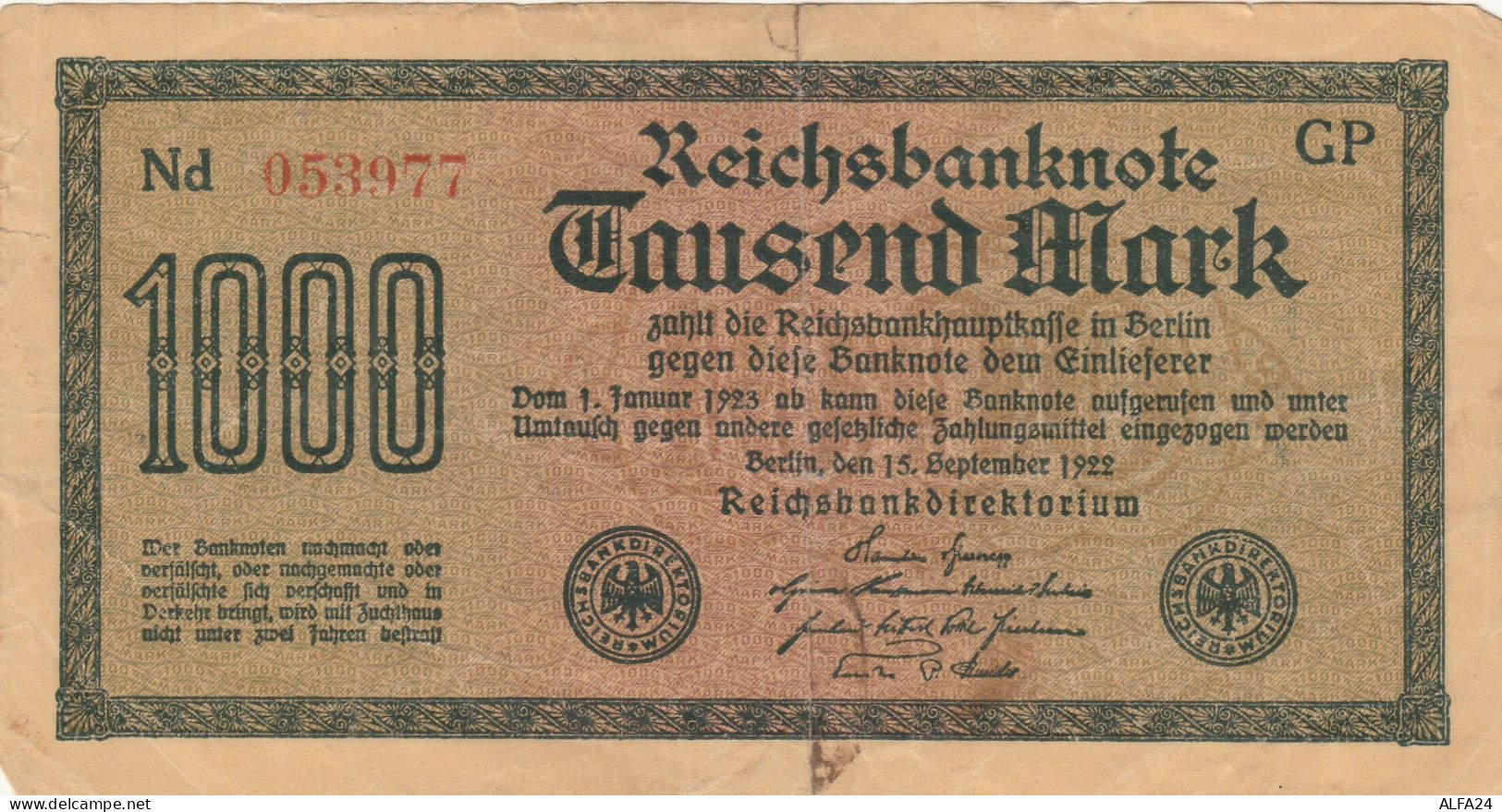 BANCONOTA GERMANIA 1000 1922 REICHSBANKNOTE VF (RY6926 - 1.000 Mark