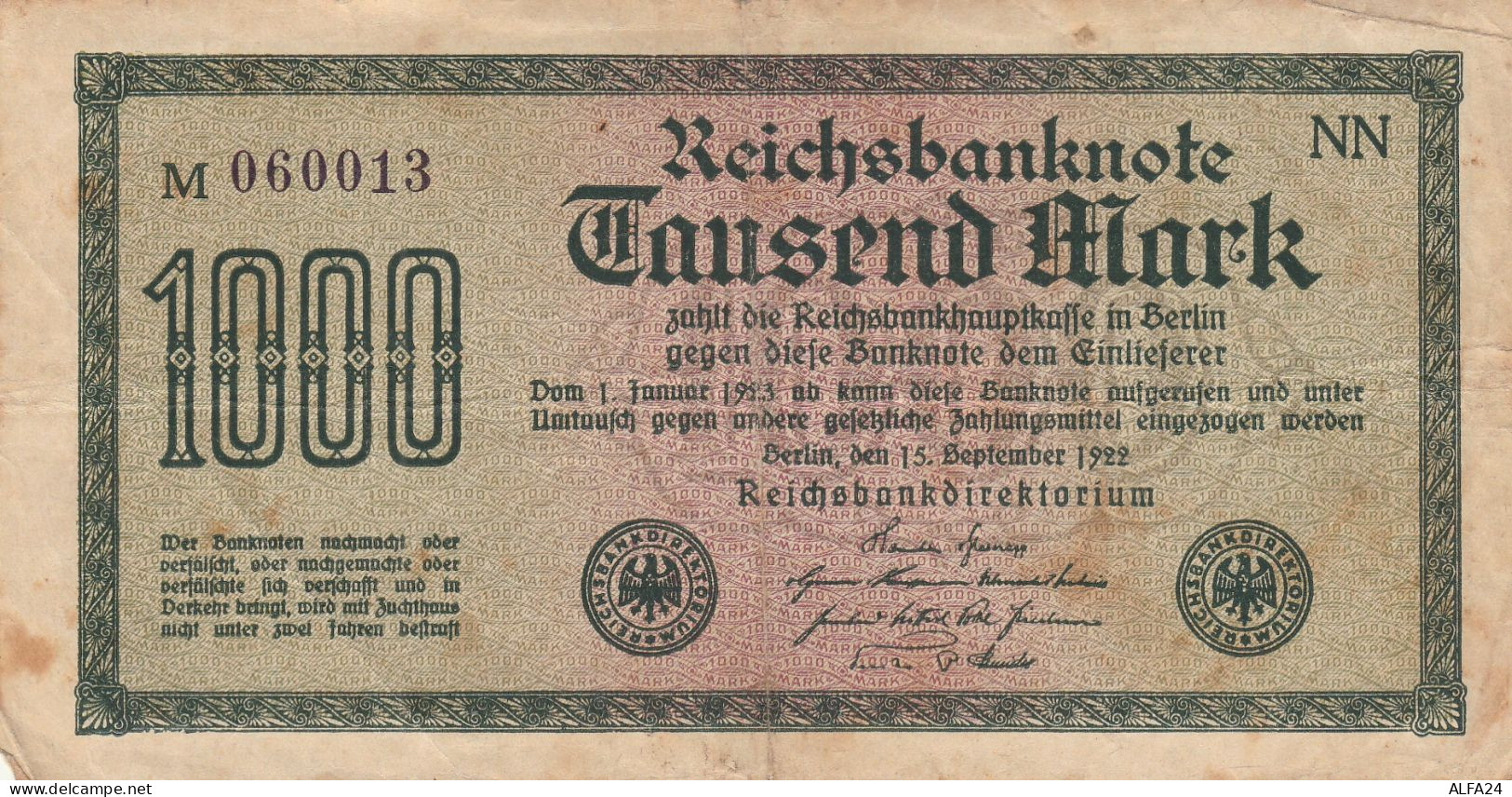 BANCONOTA GERMANIA 1000 1922 REICHSBANKNOTE VF (RY6931 - 1.000 Mark