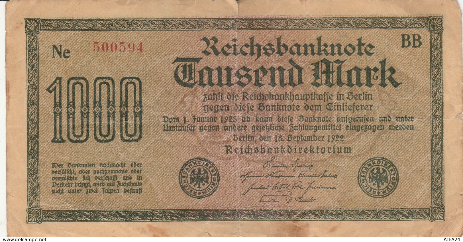 BANCONOTA GERMANIA 1000 1922 REICHSBANKNOTE VF (RY6930 - 1000 Mark