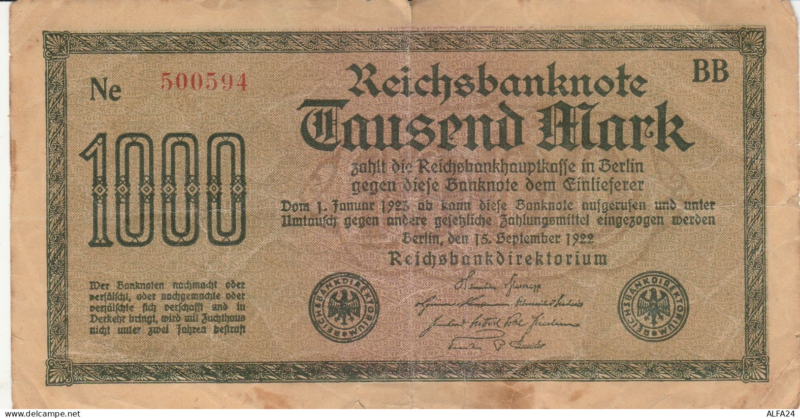 BANCONOTA GERMANIA 1000 1922 REICHSBANKNOTE VF (RY6930 - 1.000 Mark
