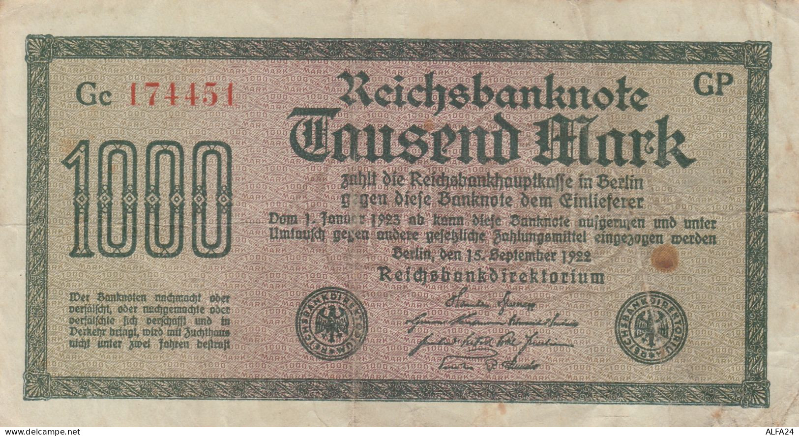 BANCONOTA GERMANIA 1000 1922 REICHSBANKNOTE VF (RY6929 - 1.000 Mark