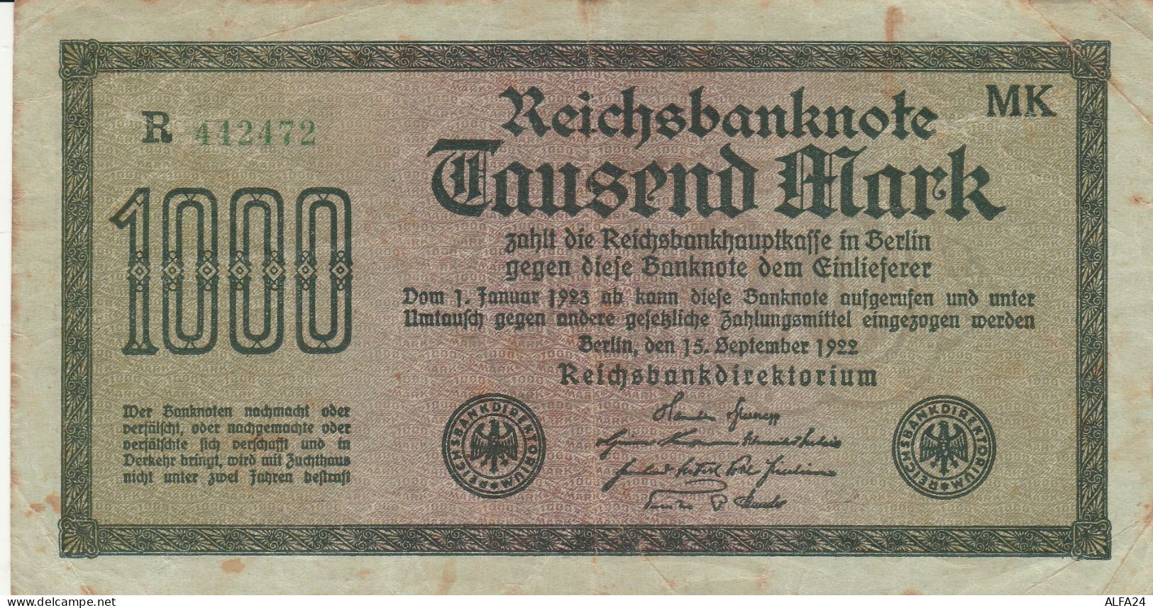 BANCONOTA GERMANIA 1000 1922 REICHSBANKNOTE VF (RY6927 - 1.000 Mark