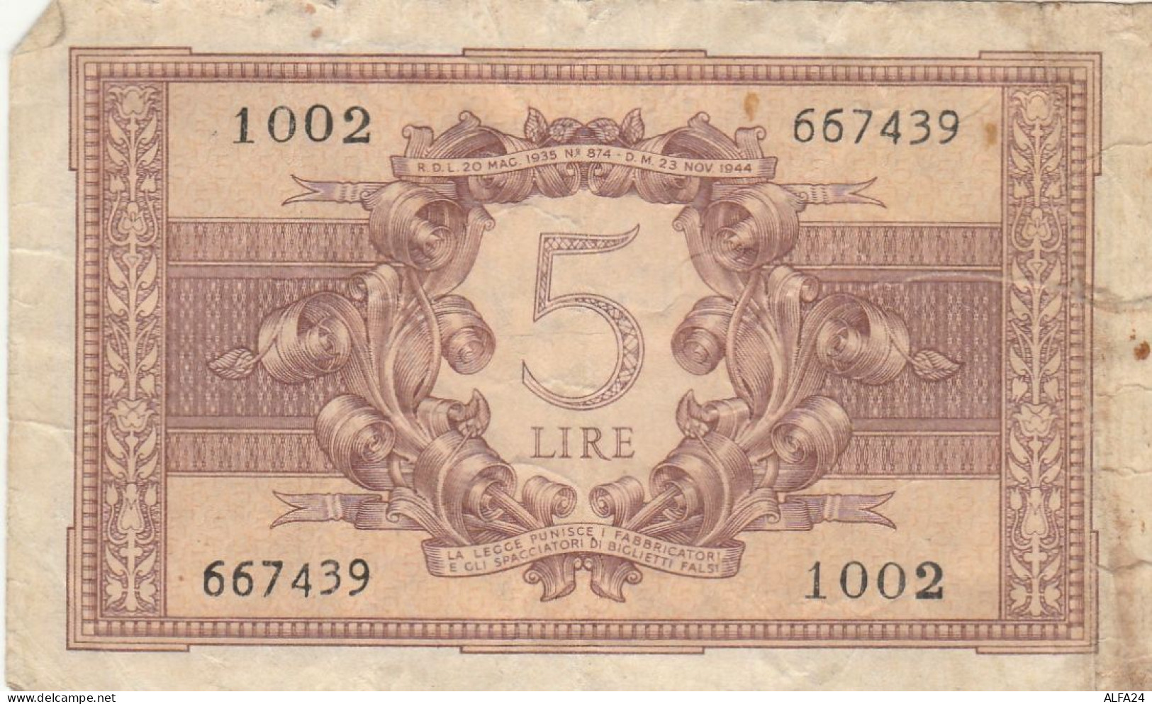 BIGLIETTO DI STATO L.5 REGNO ITALIA VF (RY6954 - Regno D'Italia – 5 Lire