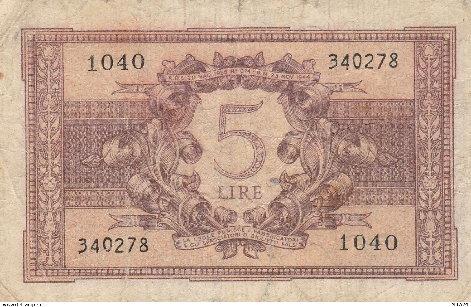 BIGLIETTO DI STATO L.5 REGNO ITALIA VF (RY6953 - Regno D'Italia – 5 Lire