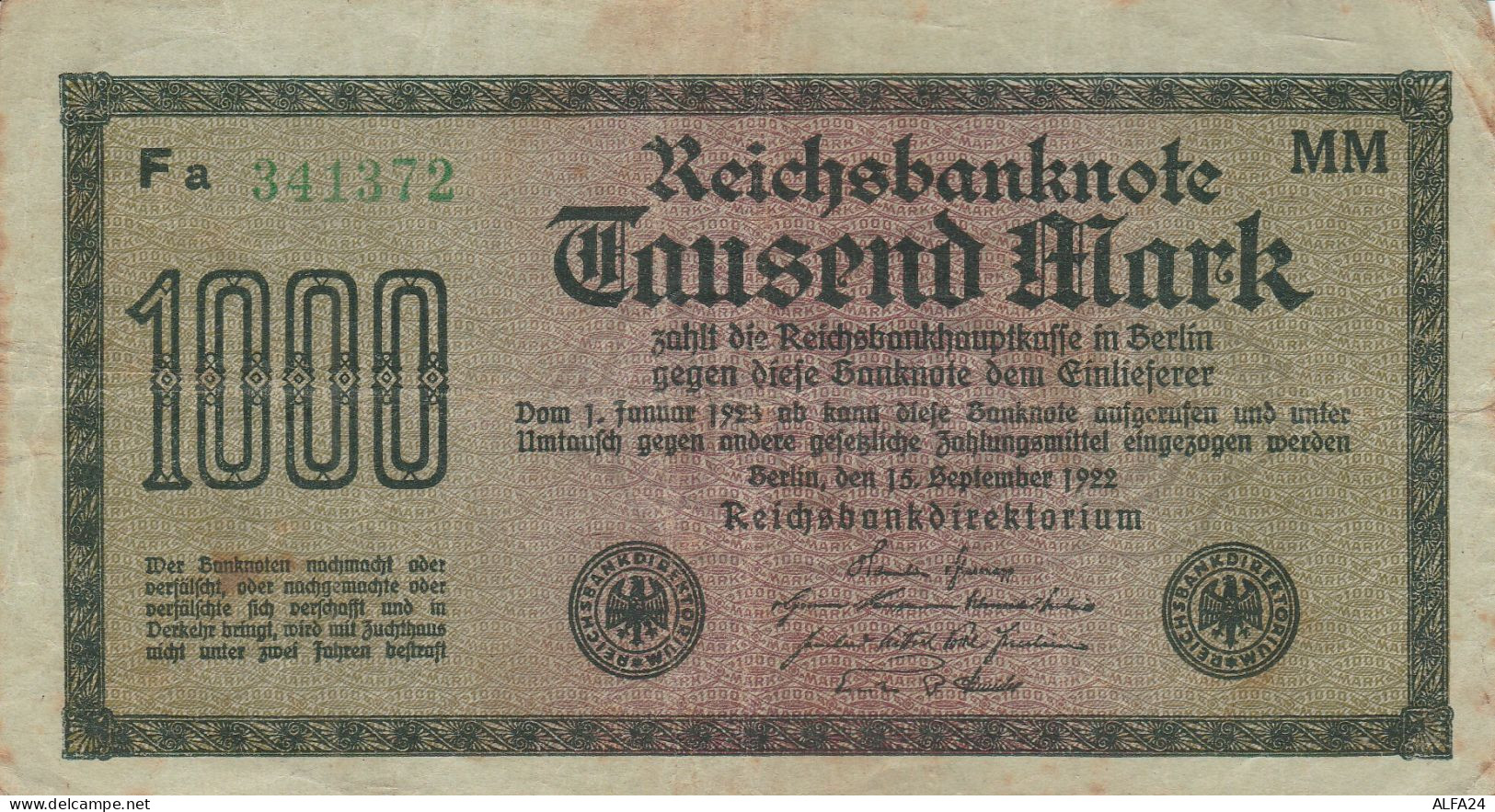 BANCONOTA GERMANIA 1000 1922 REICHSBANKNOTE VF (RY6924 - 1000 Mark