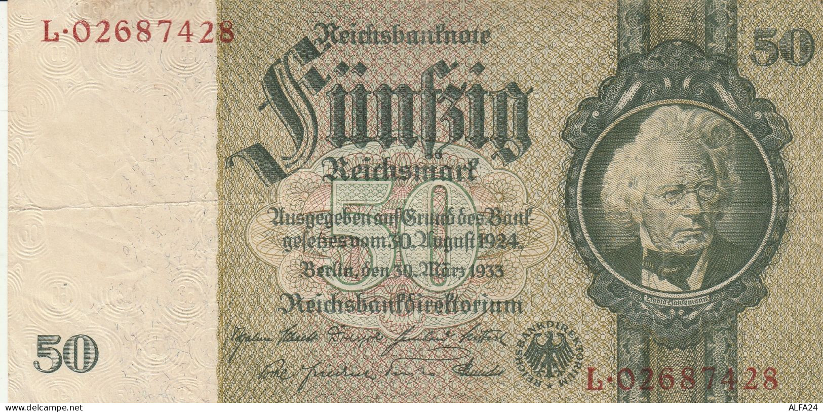 BANCONOTA GERMANIA 50 REICHSBANKONOTE 1933 VF -MANCA NUMERAZIONE RETRO (RY6948 - 50 Mark