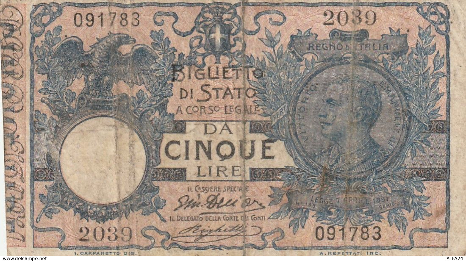 BANCONOTA BIGLIETTO DI STATO LIRE 5 VF (RY7473 - Regno D'Italia – 5 Lire