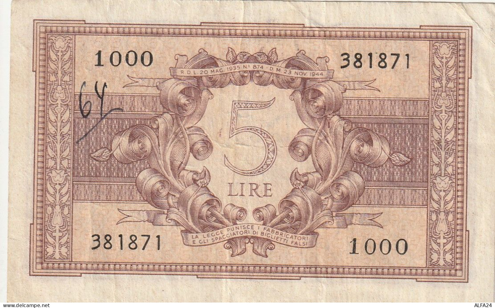 BANCONOTA BIGLIETTO DI STATO LIRE 5 EF (RY7497 - Regno D'Italia – 5 Lire