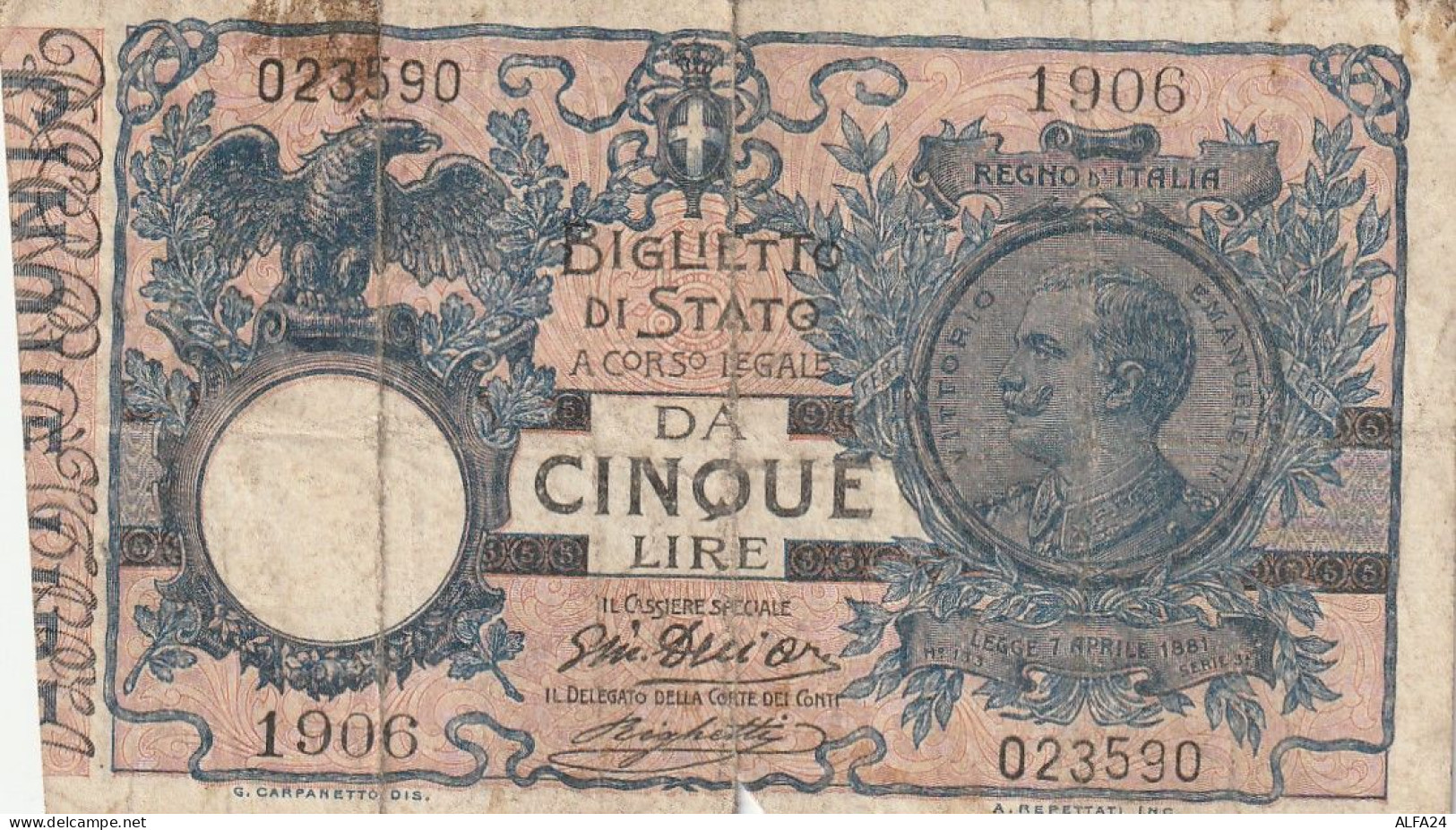 BANCONOTA BIGLIETTO DI STATO LIRE 5 VF (RY7467 - Regno D'Italia – 5 Lire