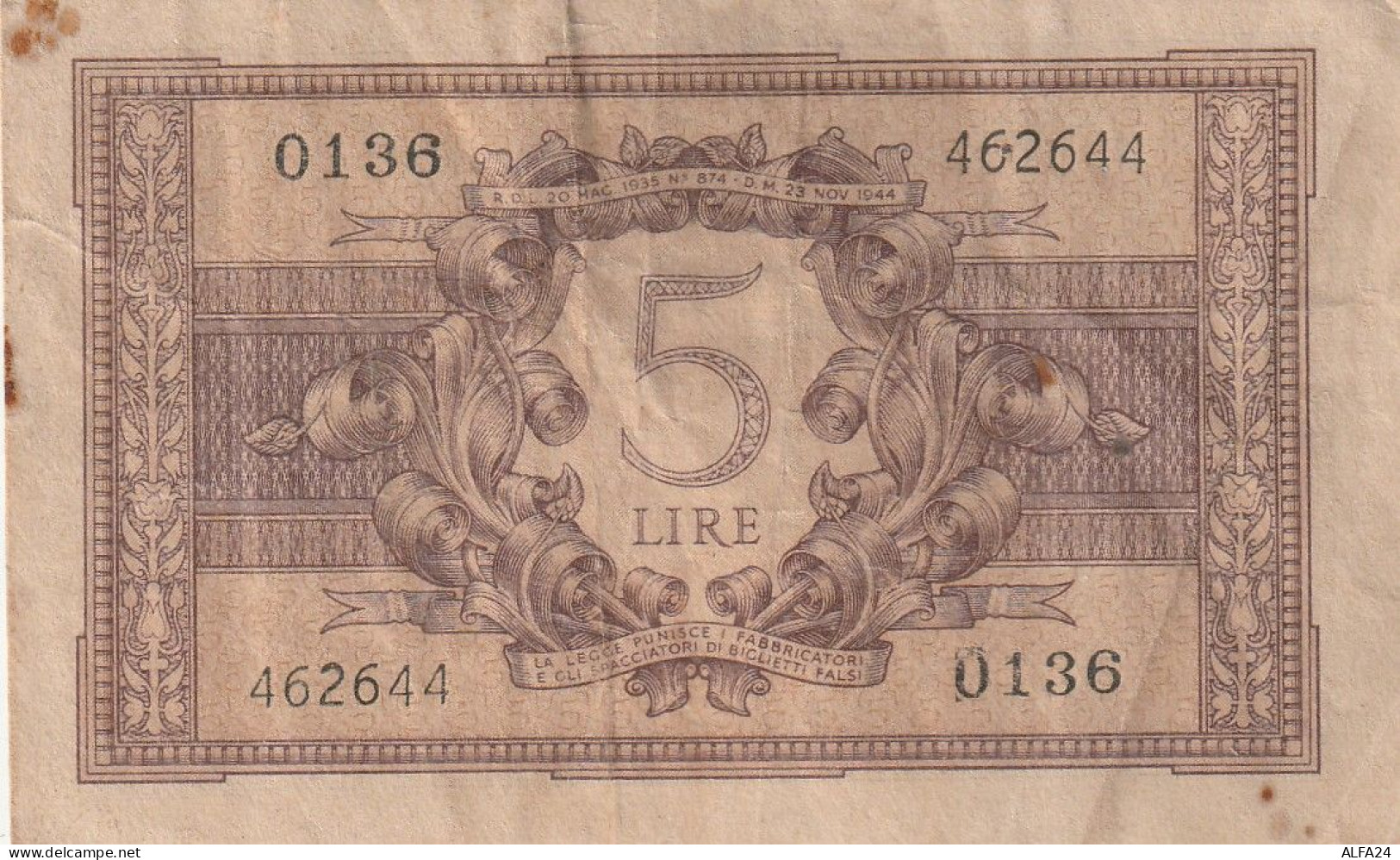 BANCONOTA BIGLIETTO DI STATO LIRE 5 EF (RY7498 - Regno D'Italia – 5 Lire