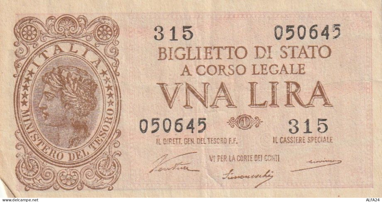 BANCONOTA BIGLIETTO DI STATO ITALIA 1 LIRA VF (RY7365 - Italië – 1 Lira