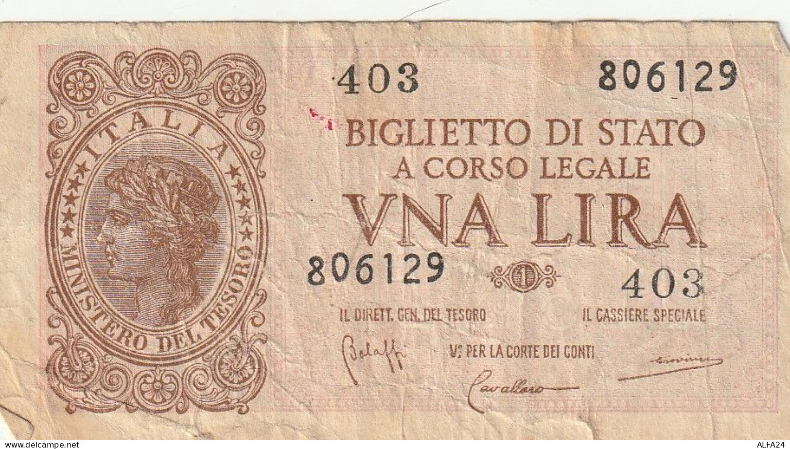 BANCONOTA BIGLIETTO DI STATO ITALIA 1 LIRA VF (RY7355 - Italië – 1 Lira