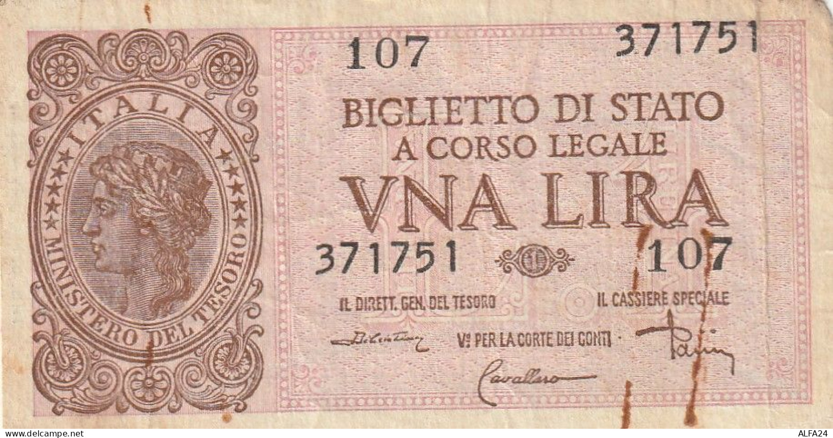 BANCONOTA BIGLIETTO DI STATO ITALIA 1 LIRA VF (RY7353 - Italia – 1 Lira