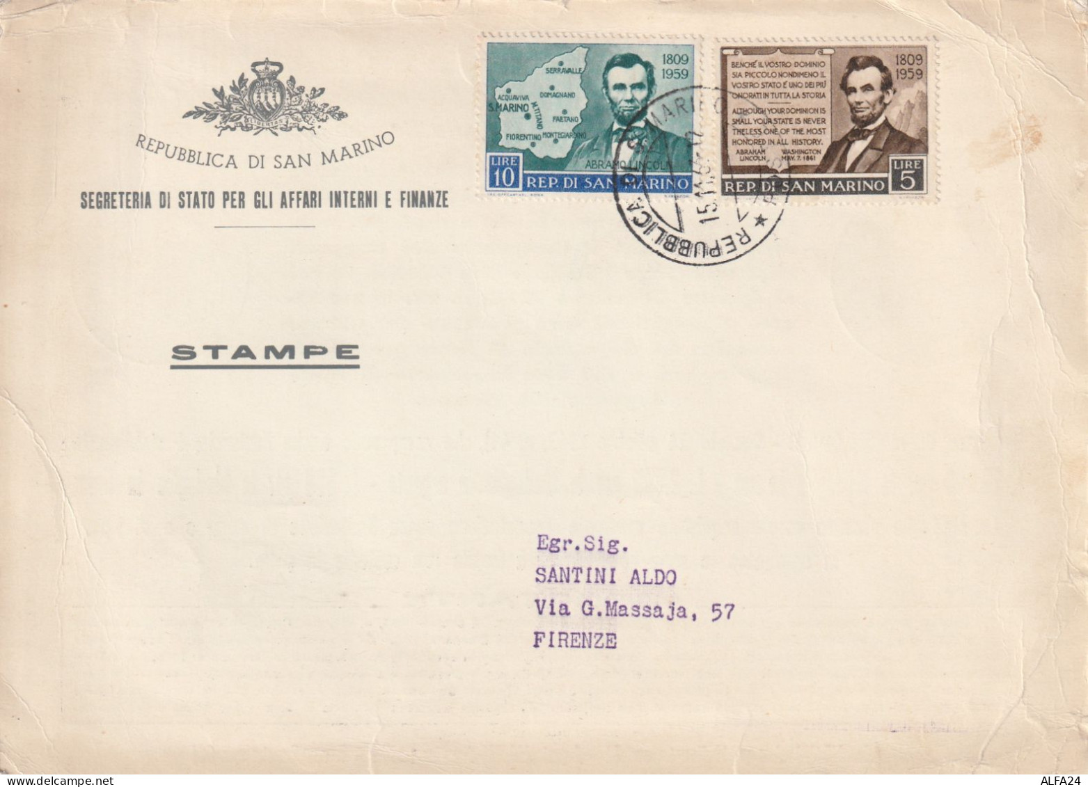 LETTERA SAN MARINO 1959 10+5 LINCOLN (RY7263 - Storia Postale