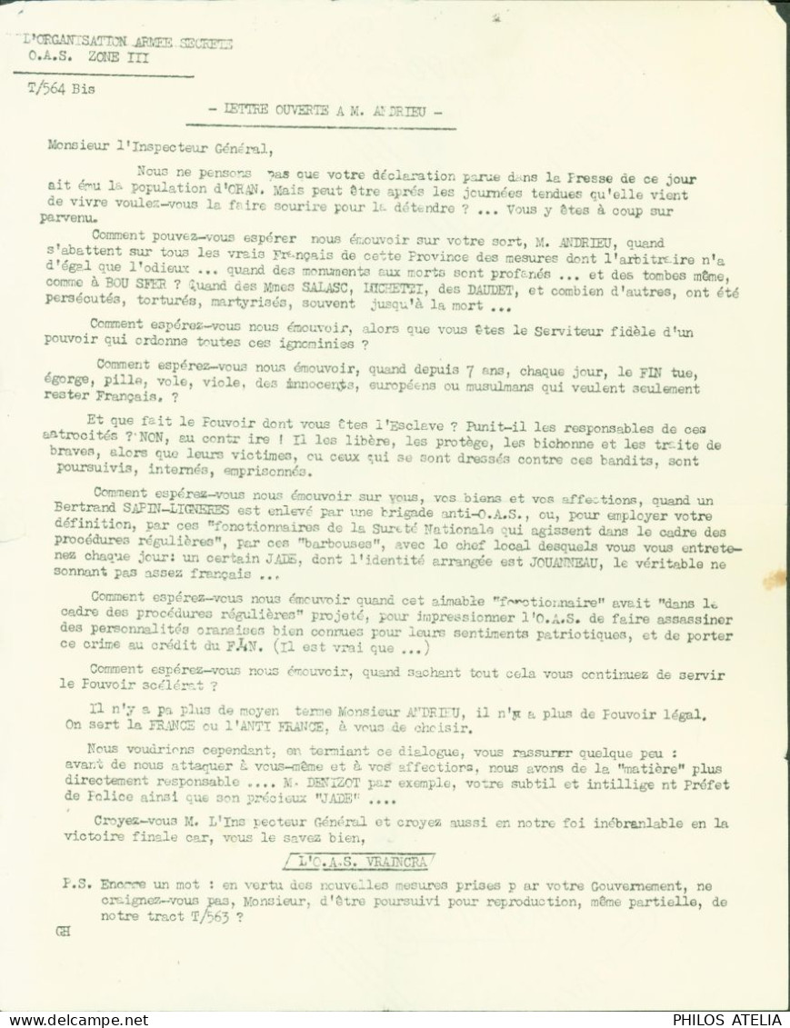 Guerre D'Algérie OAS O.A.S. Organisation Armée Secrète Zone III Région Oran Tract N°564 Bis Lettre à M Andrieu - Guerra D'Algeria