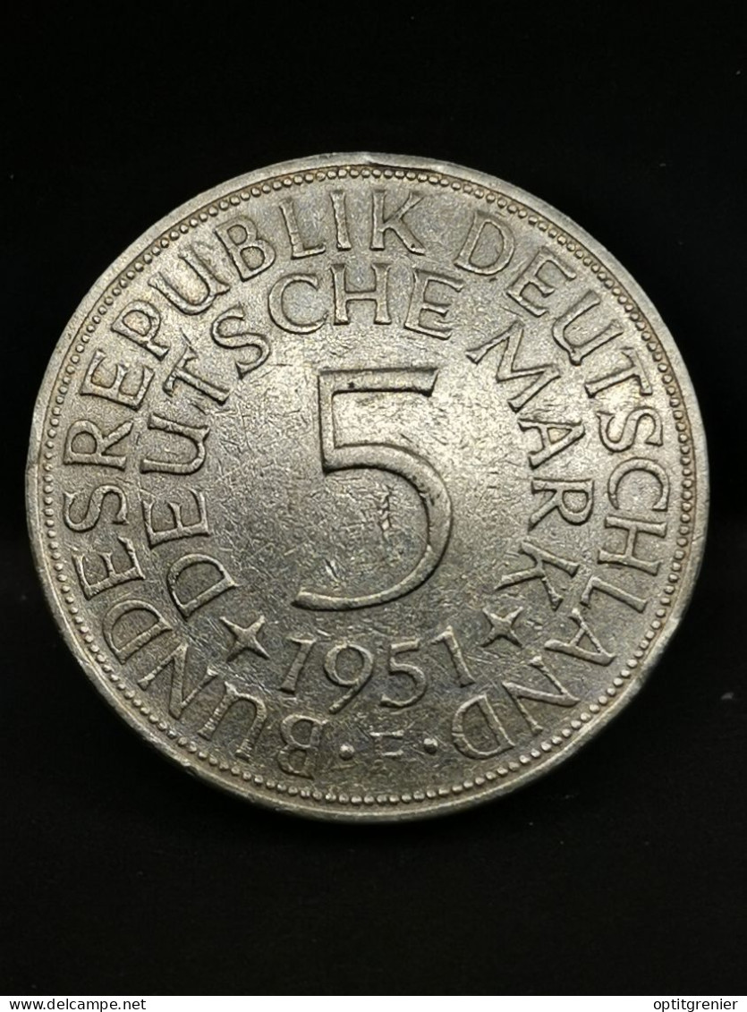 5 DEUTSCHE MARK ARGENT 1951 F STUTTGART ALLEMAGNE / GERMANY SILVER - 5 Mark