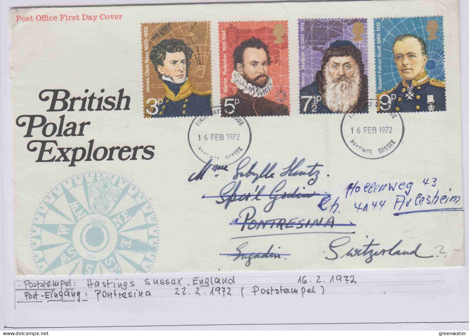 United Kingdom 1972  British Polar Explorers  4v FDC Ca Hastings Sussex 16 FEB 1972 (AS227) - Explorateurs & Célébrités Polaires