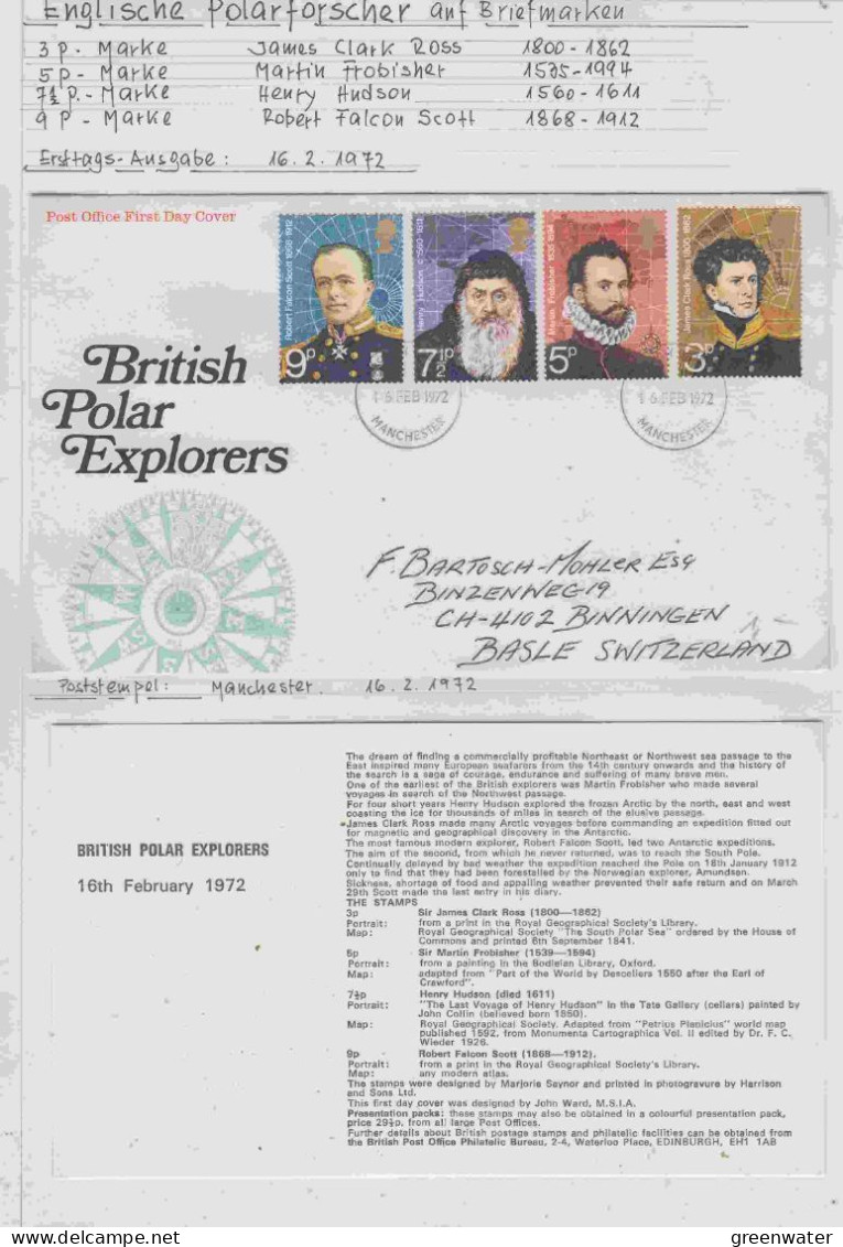 United Kingdom 1972  British Polar Explorers  4v FDC Ca Manchester 16 FEB 1972 (AS227A) - Polar Exploradores Y Celebridades