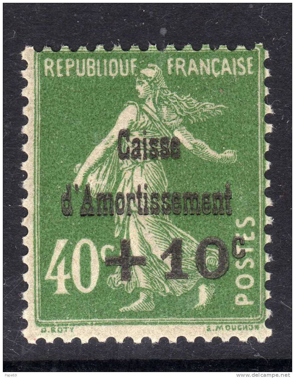 France N° 253  XX Gomme D'origine  Au Profit De La Caisse D'Amortissement (III ) : Type Semeuse +10 Sur 40 C. Vert  TB - 1927-31 Sinking Fund