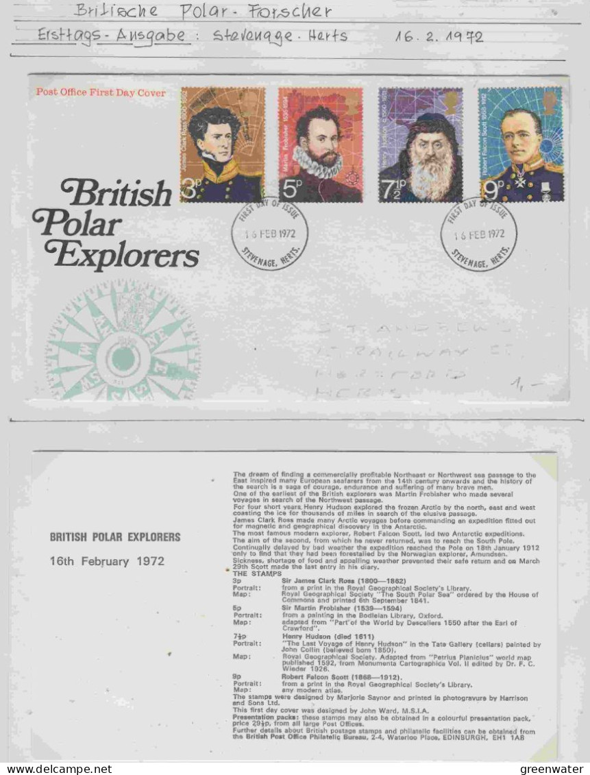 United Kingdom 1972  British Polar Explorers  4v FDC Ca Stevenage Herts.16 FEB 1972 (AS228) - Explorateurs & Célébrités Polaires