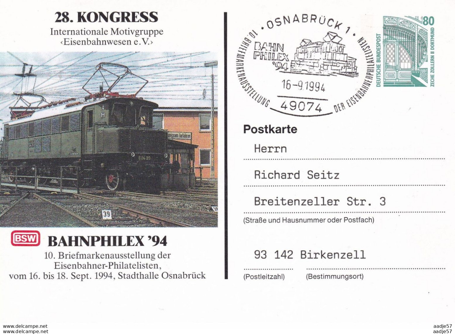 Germany 1989 Privatganzsache"Bahnphilex' 1994 Osnabruck 16-09-1994 - Cartes Postales Privées - Oblitérées