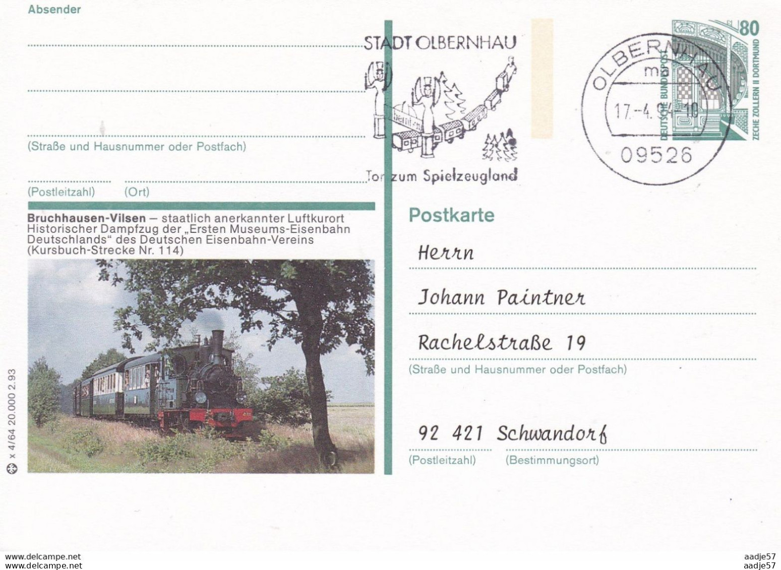 Germany Bruchhausen - Vilsen Flaggenstempel Stadt Olbernhau Ton Zu, Spielzeugland 1994 - Cartes Postales Privées - Oblitérées