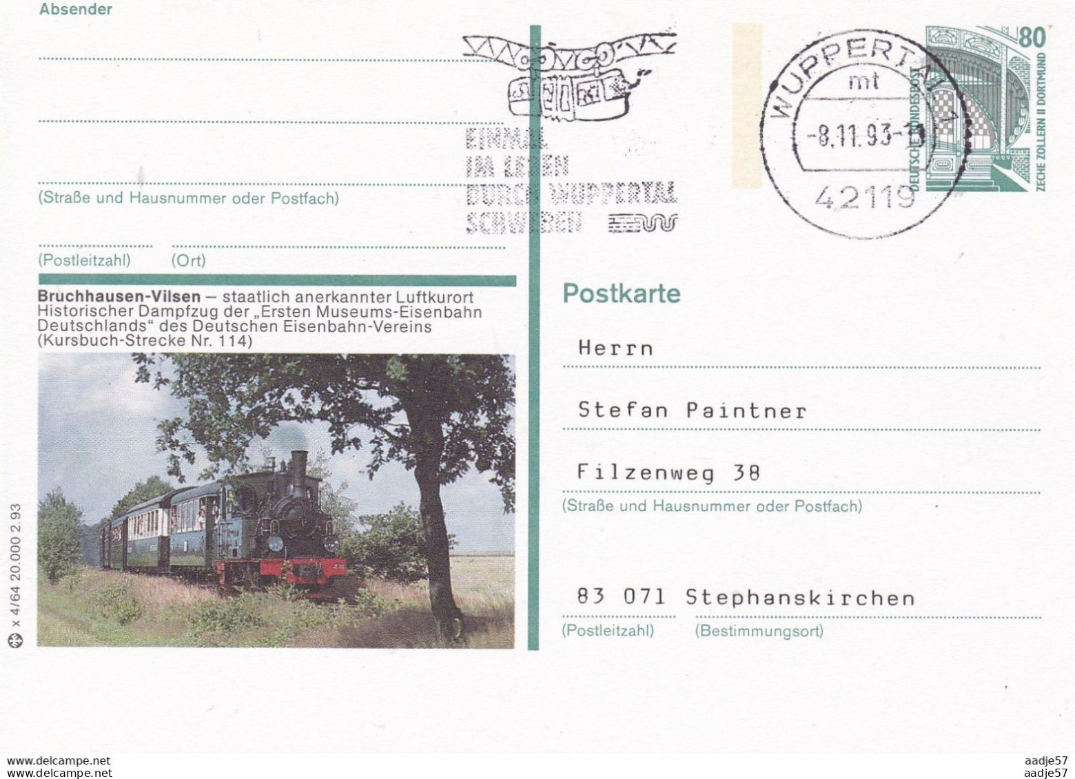 Germany Bruchhausen - Vilsen Flaggenstempel Einmal Im Leben Durch Wuppertal Schweben 1993 - Privé Postkaarten - Gebruikt