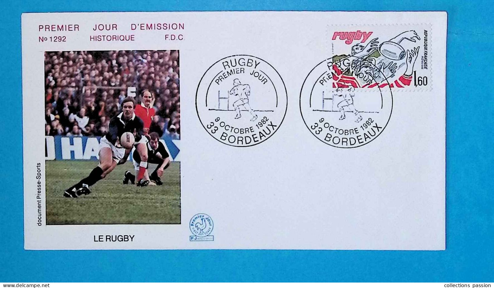 FDC, 1 Er Jour, Sports, Le RUGBY, 9 Octobre 1982, 33 BORDEAUX, 2 Scans - 1970-1979