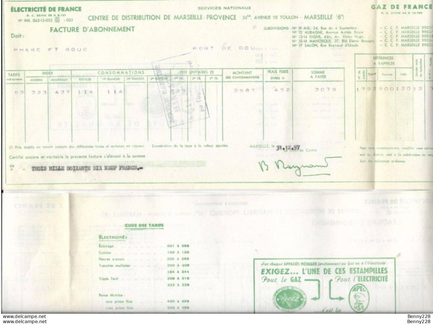 Lot De 2 Factures - ELECTRICITE De FRANCE - GAZ De FRANCE 1957 & 1959 - Elettricità & Gas