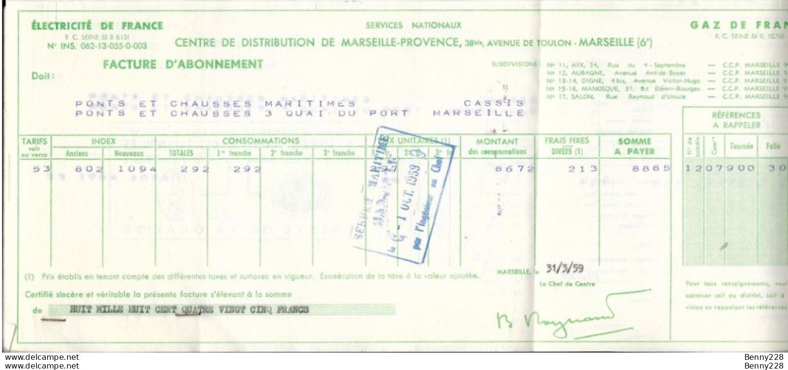 Lot De 2 Factures - ELECTRICITE De FRANCE - GAZ De FRANCE 1957 & 1959 - Elettricità & Gas