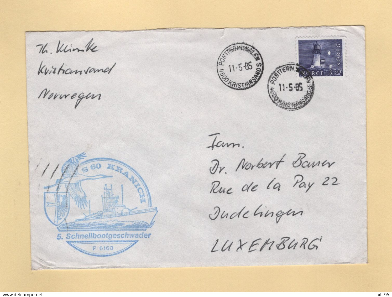 Norvege - Kriistiansand - 11-5-1985 - Poste Navale - Lettres & Documents