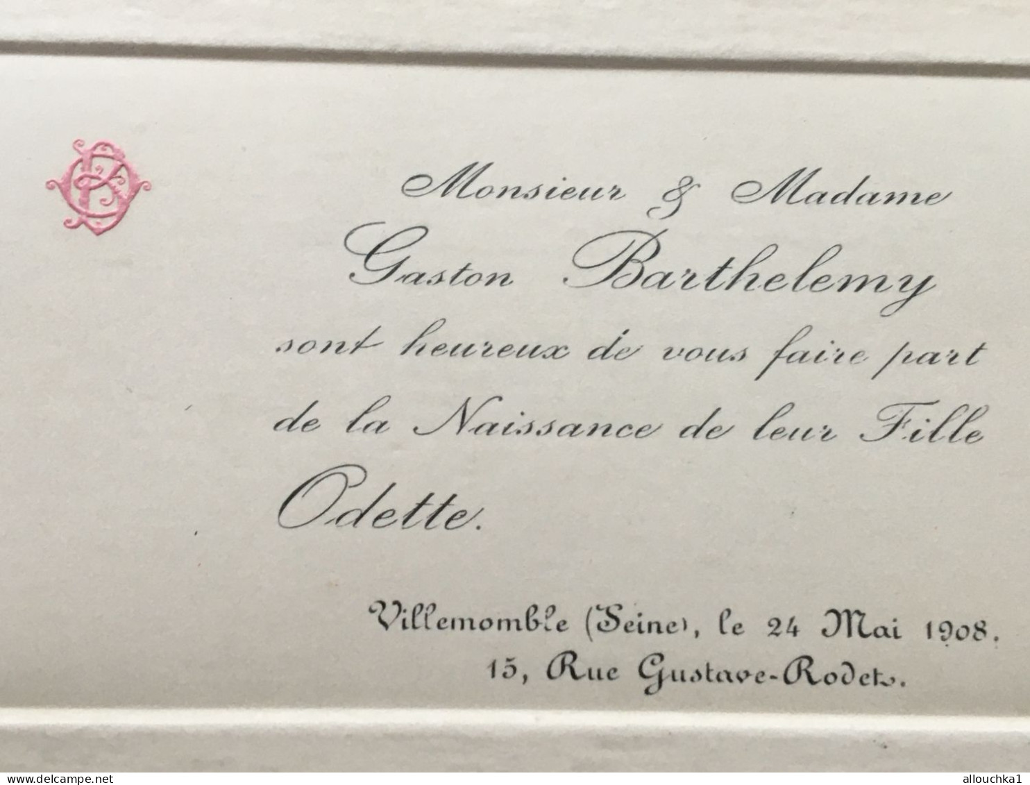 Villemomble Mai 1908 Carte De Visite Luxe Faire Part De Naissance Baptême-Gaston Barthelemy-rue Rodet-Cartes De Visite - Geburt & Taufe