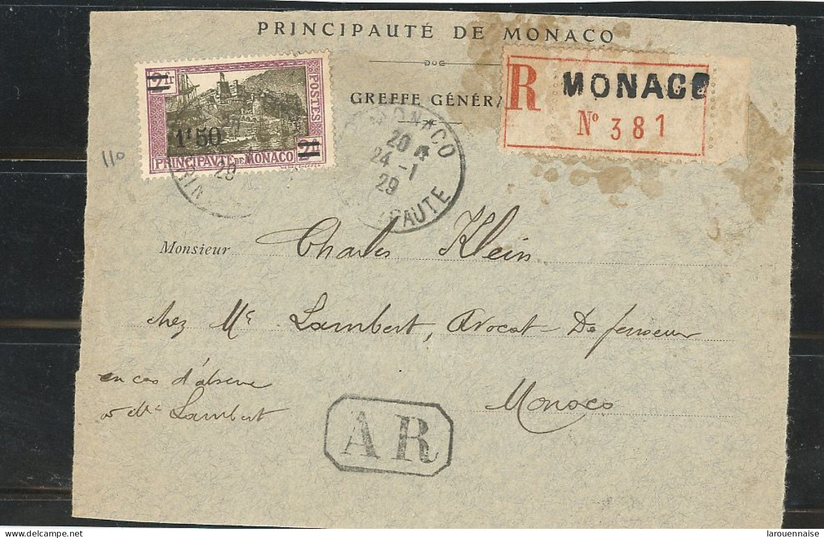 MONACO - N°10 / DEVANT RECOMMANDÉ / AR -Obl -24-1-29 - Lettres & Documents