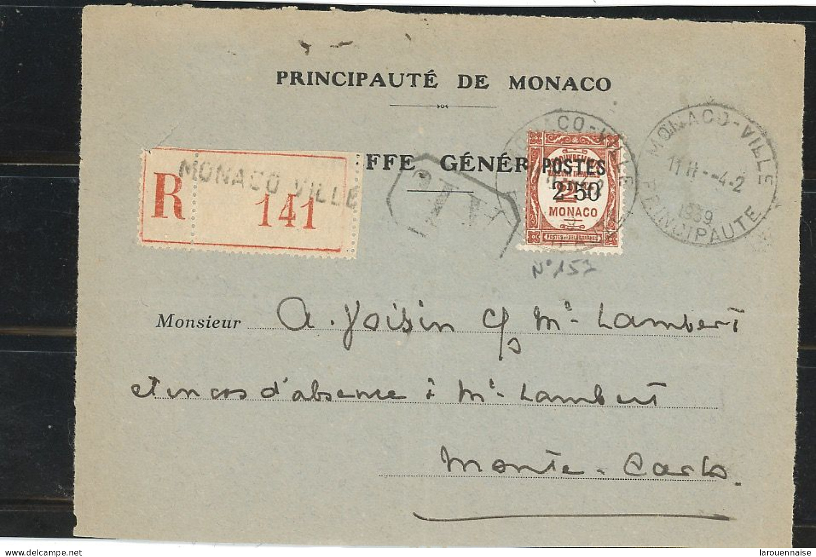 MONACO - N°153/ DEVANT RECOMMANDÉ / AR -Obl -4-2-39 - Cartas & Documentos