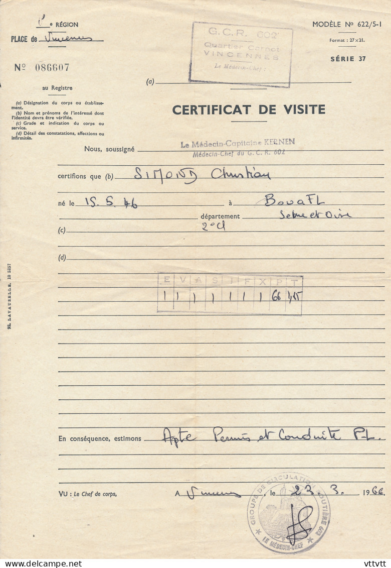 Certificat De Visite (1966), Groupe De Circulation Routière (GCR) 602, Vincennes, Apte Conduite Poids Lourds, Bouafle - Collections