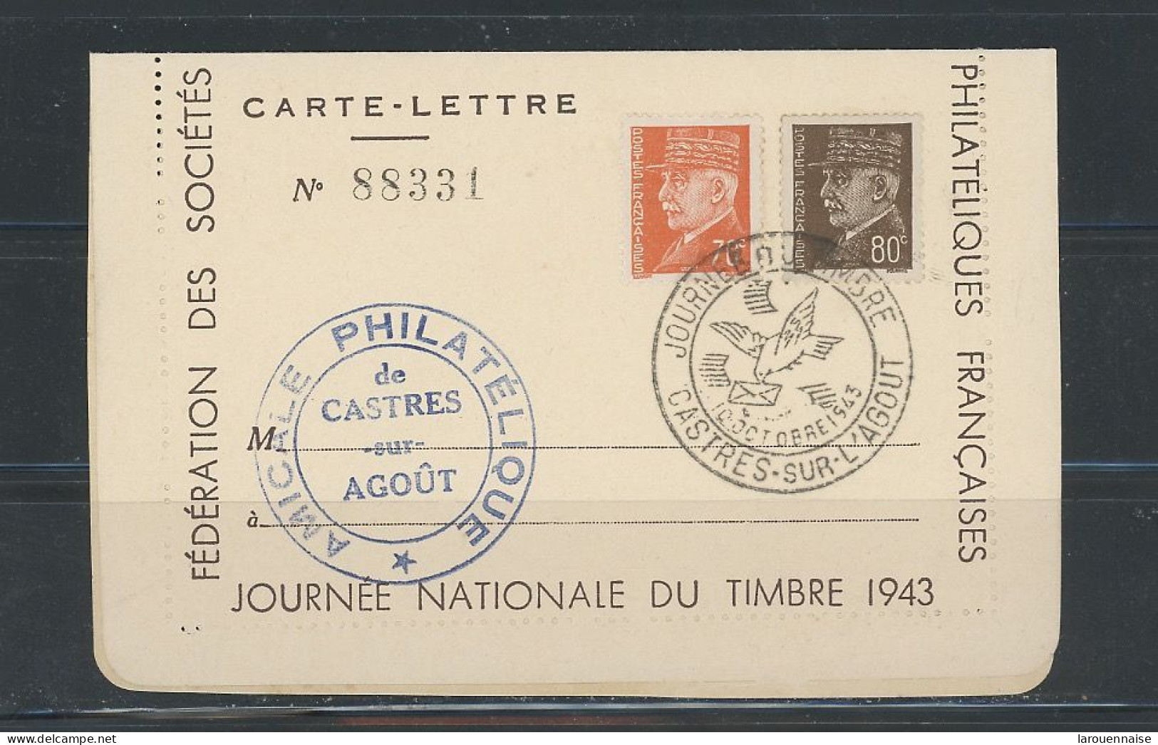 FRANCE -  81 - CASTRE / AGOUT -JOURNÉE DU TIMBRE N°511 + N° 512 / CARTE LETTRE -10 OCT -1943 - ....-1949