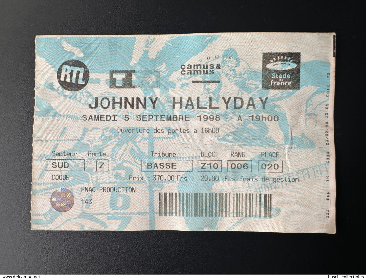 1998 Johnny Hallyday Concert Stade De France Ticket Billet Fnac Hologramme 5 Septembre Music Musique Musik - Concerttickets