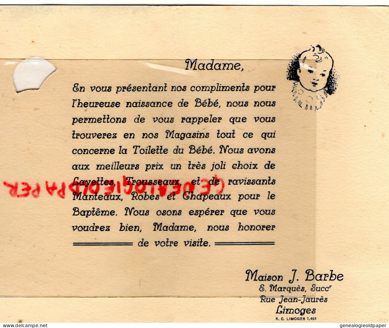 87- LIMOGES - MAISON J. BARBE -E. MARQUES - RUE JEAN JAURES- MAGASIN LAYETTES TROUSSEAUX RIBES CHAPEAUX BAPTEME BEBE - Kleidung & Textil