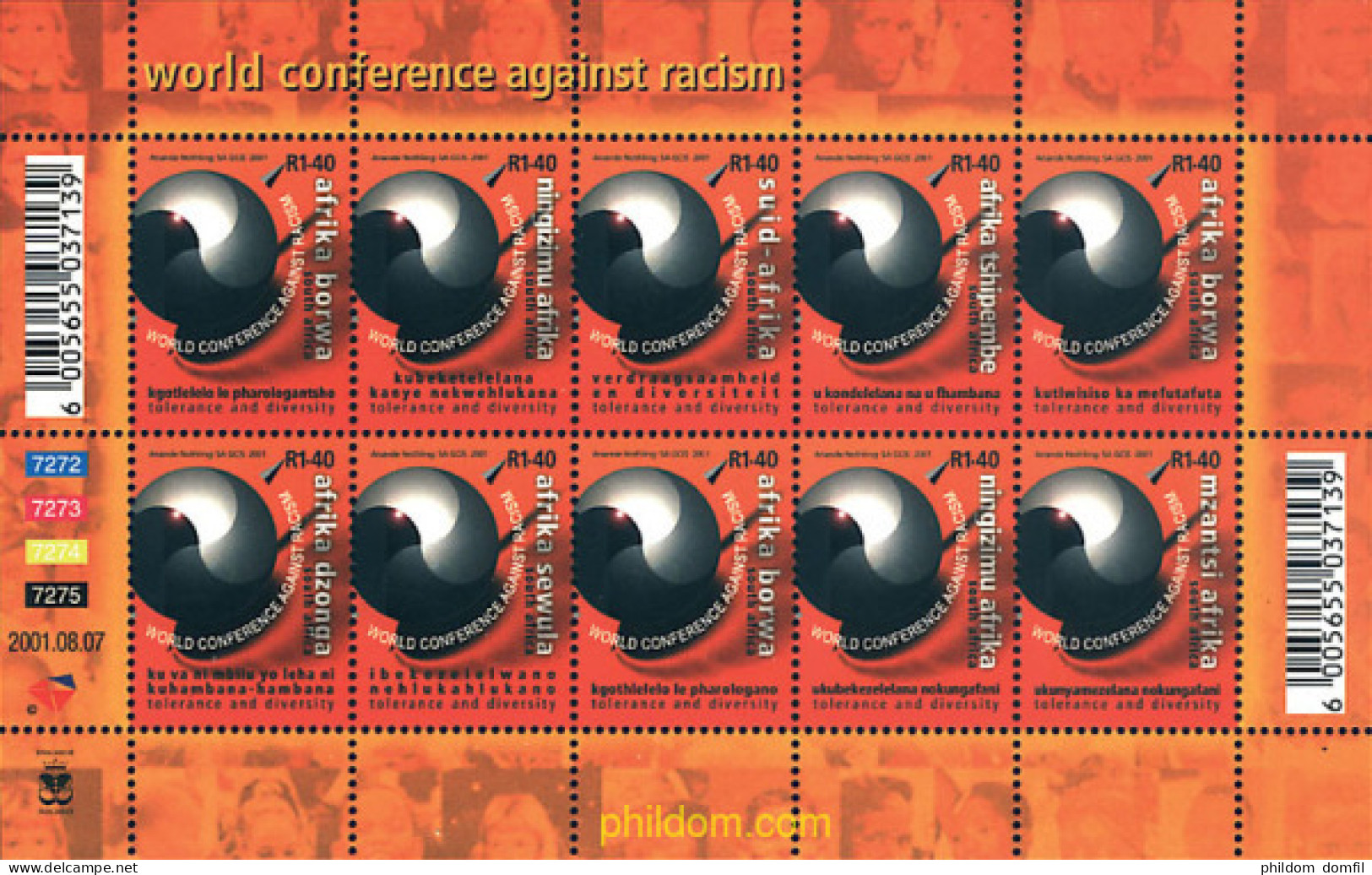 276401 MNH SUDAFRICA 2001 CONFERENCIA MUNDIAL SOBRE EL RACISMO - Ungebraucht