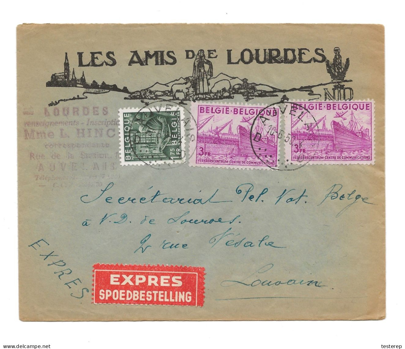 EXPRES N° 768 + 2 X770 AUVELAIS 10.6.1950  ( LES AMIS DE LOURDES) - 1948 Esportazione