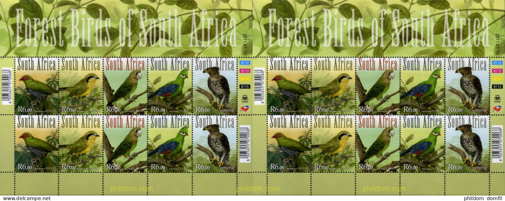 310062 MNH SUDAFRICA 2011 AVES DE LOS BOSQUES - Nuovi