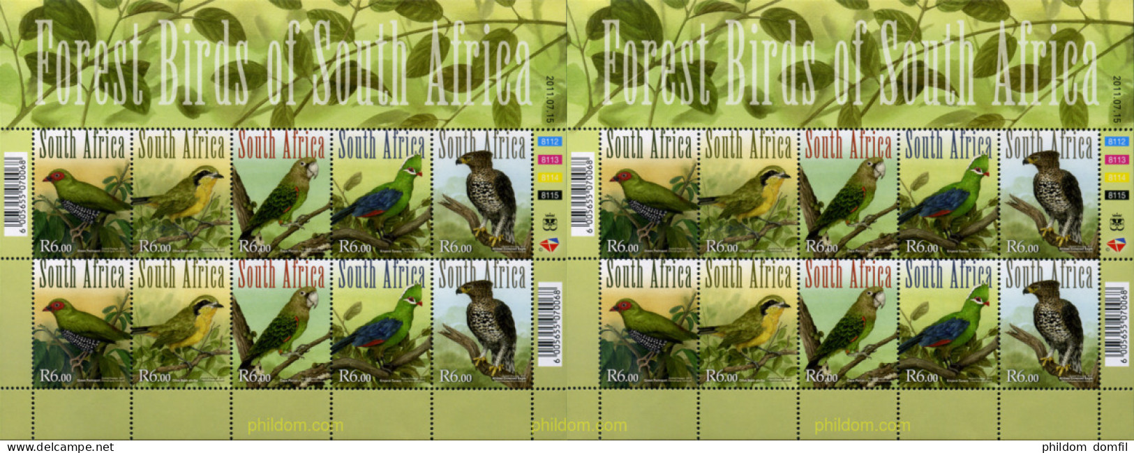 310062 MNH SUDAFRICA 2011 AVES DE LOS BOSQUES - Unused Stamps