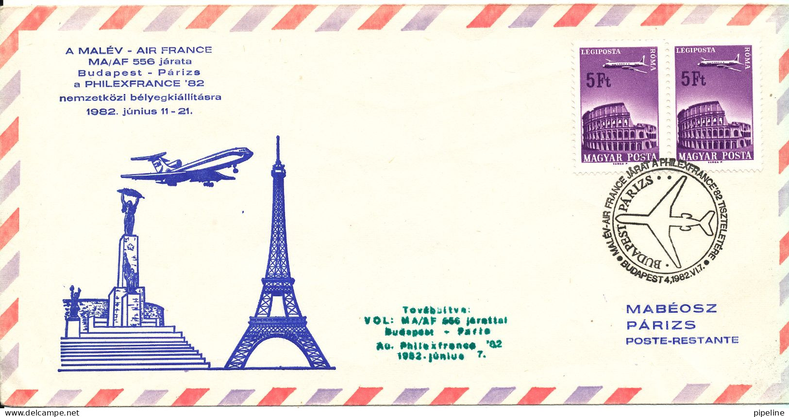 Hungary Air Mail Cover Special Flight Malev & Air France Budapest - Paris 7-6-1982 Philexfrance 82 With Cachet - Covers & Documents