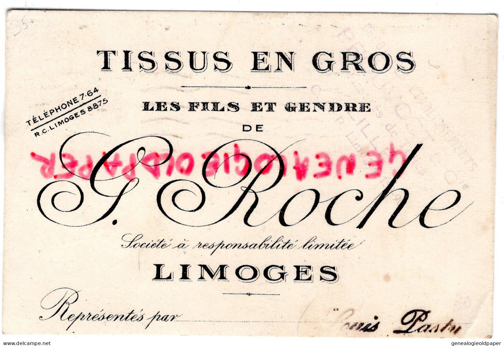 87- LIMOGES - SOCIETE A RESPONSABILITE G. ROCHE  FILS ET GENDRE- 1938- TISSUS- LOUIS PASTY-M-MME LEBRAU ST SAINT VITTE - Textile & Vestimentaire