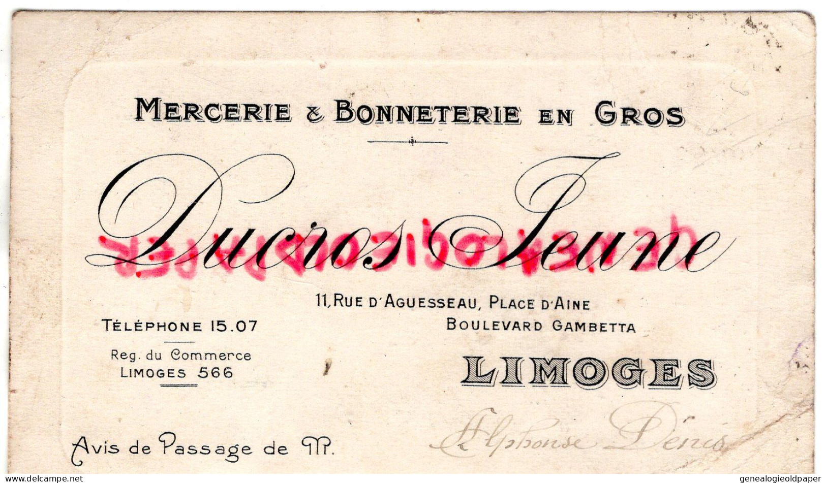 87- LIMOGES - DUCROS JEUNE -MERCERIE BONNETERIE-11 PLACE AGUESSEAU PLACE D' AINE-M. GIRALDEAU ST SAINT SULPICE EXCIDEUIL - Textile & Clothing