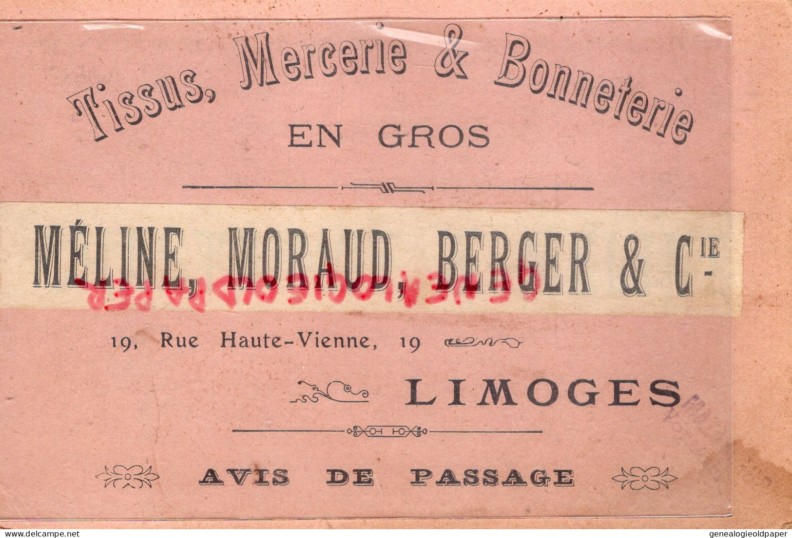 87- LIMOGES - MELINE MORAUD BERGER- MAGASIN TISSUS MERCERIE BONNETERIE-19 RUE HAUTE VIENNE - Textile & Clothing