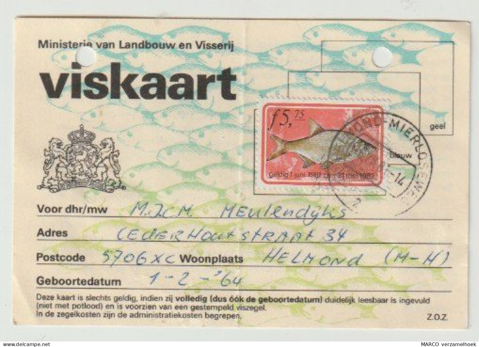 Viskaart 1981-1982 Ministerie Van Landbouw En Visserij (stempel Helmond) - Revenue Stamps