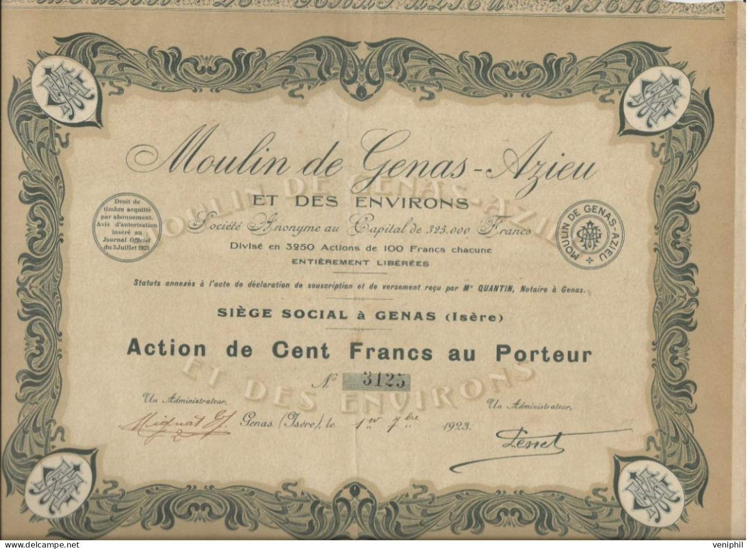 MOULIN DE GENAS -AZIEU  -ISERE - DIVISE EN 3250 ACTIONS DE 100 FRANCS -ANNEE 1923 - Agriculture