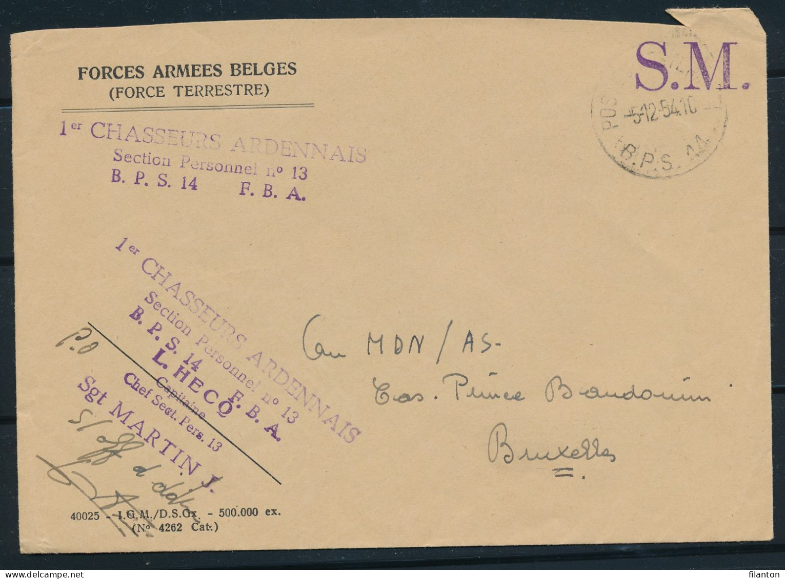 BELGIE - Militaire Post - Brief Van BPS  Post 14  Naar Brussel D.d. 05-12-1954 ( Ref. 1652) - Andere & Zonder Classificatie